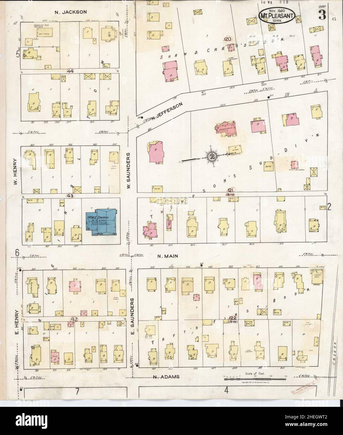 Sanborn carte d'assurance incendie de Mount Pleasant, comté de Henry, Iowa. Banque D'Images