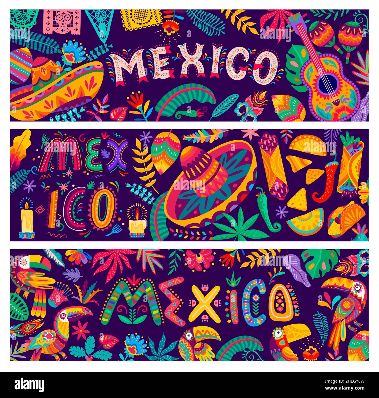 Drapeau national mexicain de sombrero et de nourriture, toucan, fleurs, guitare et papel de picado.Bannières vectorielles avec décor mexicain ethnique fond de fleurs, Illustration de Vecteur