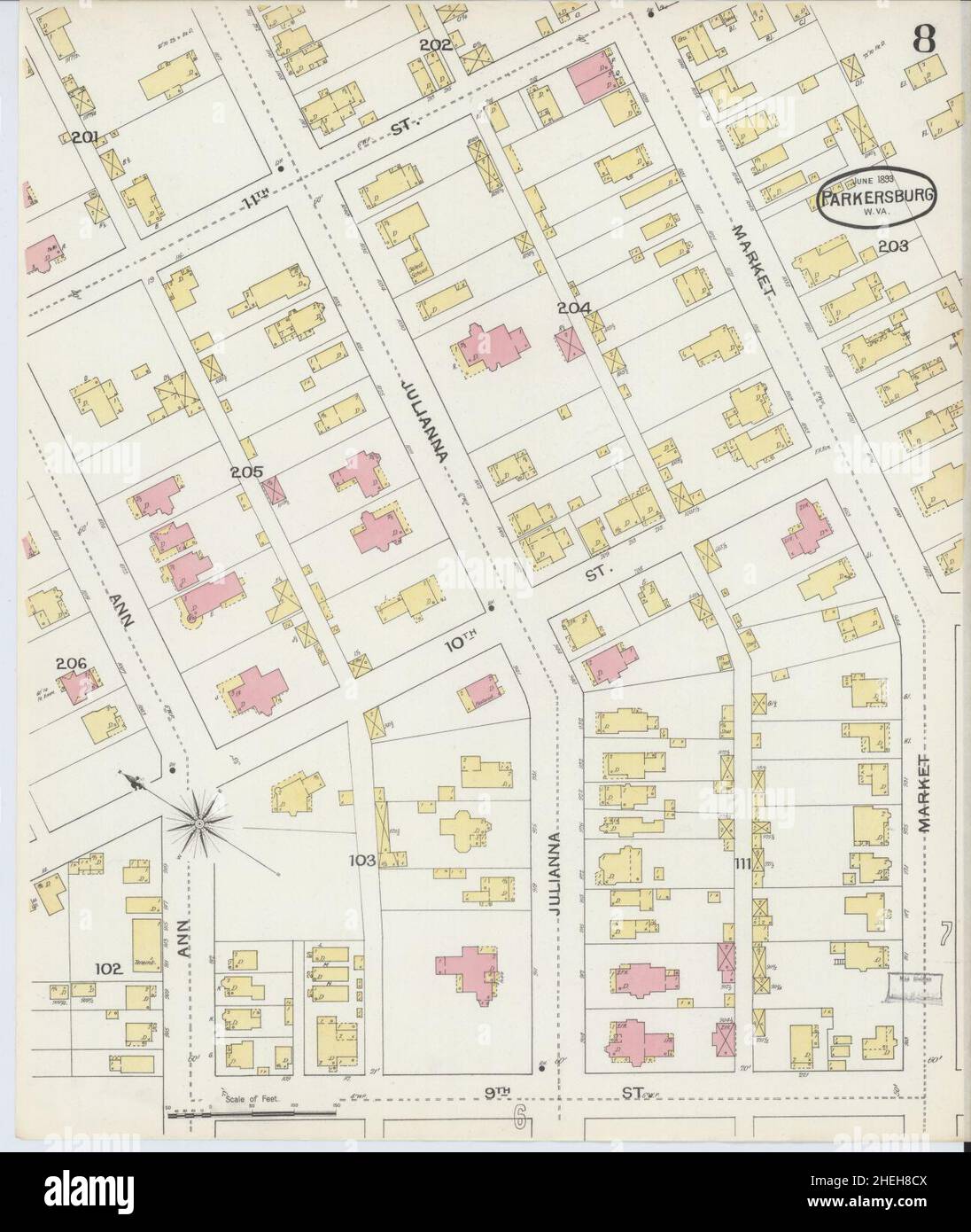 Sanborn carte d'assurance-incendie de Parkersburg, comté de Wood, Virginie occidentale. Banque D'Images