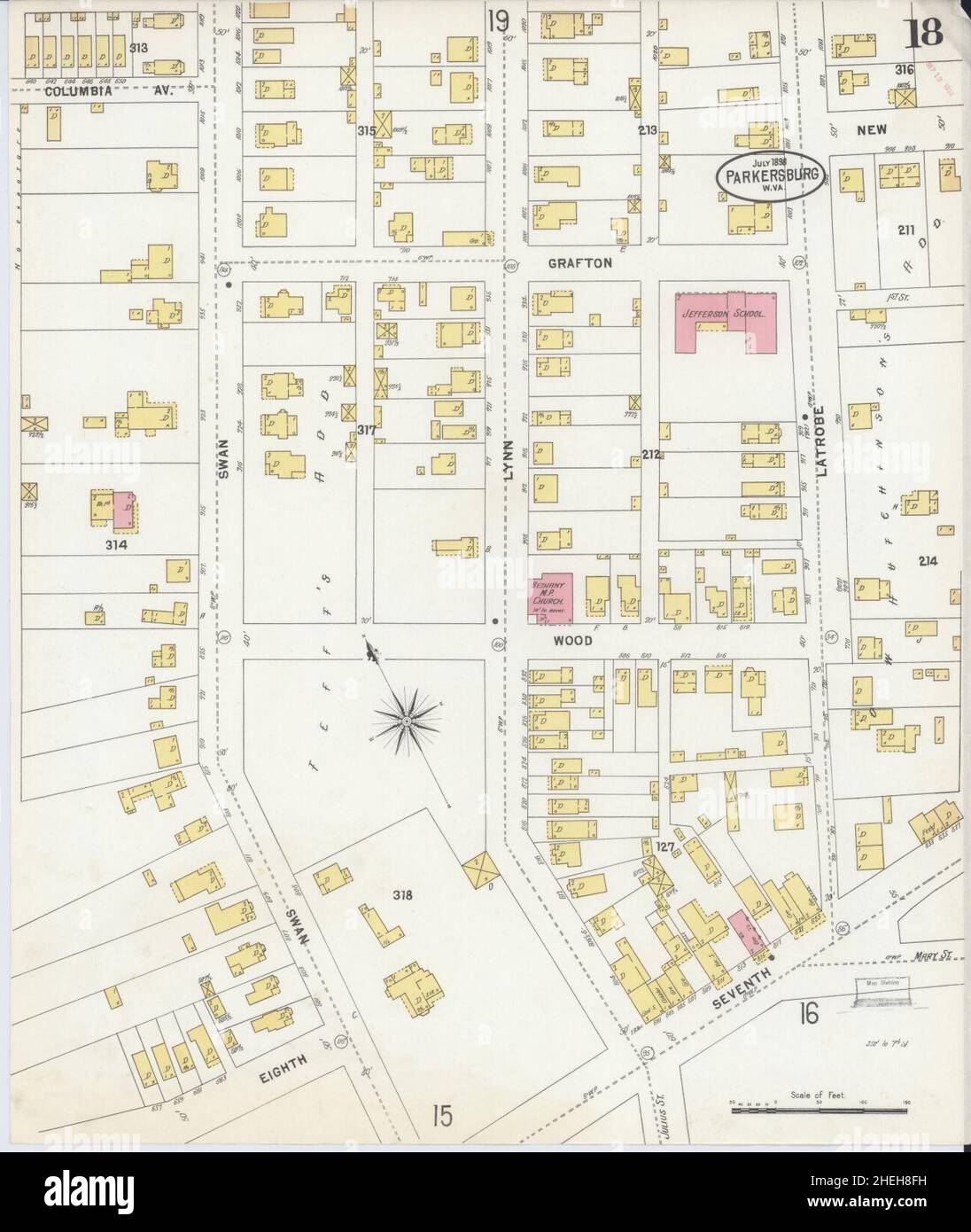 Sanborn carte d'assurance-incendie de Parkersburg, comté de Wood, Virginie occidentale. Banque D'Images