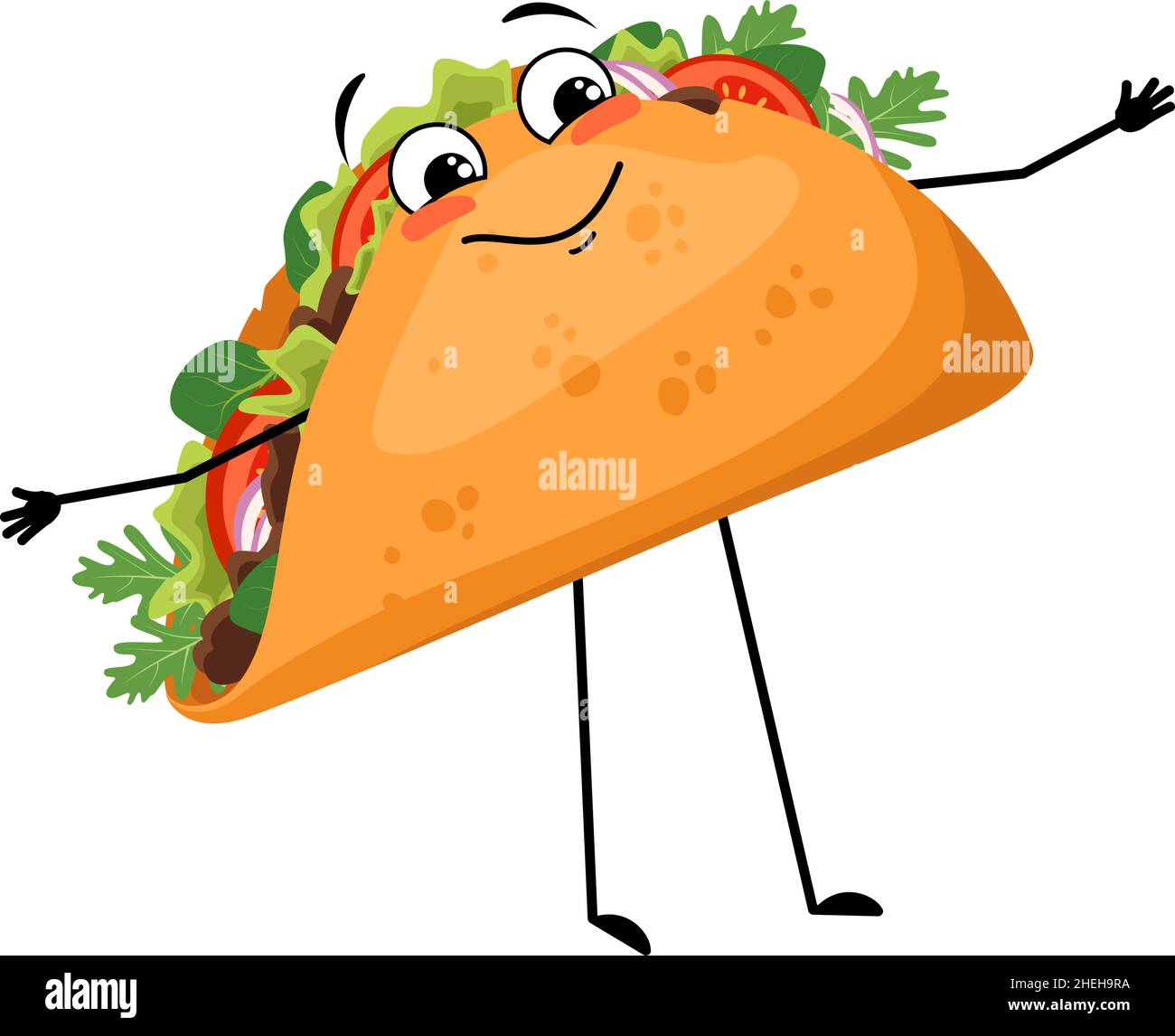 Taco mexicain de caractère mignon avec des émotions, le visage, le sourire, les yeux, les bras et les jambes heureux.Personne de restauration rapide gaie, sandwich avec pain plat. Illustration de Vecteur