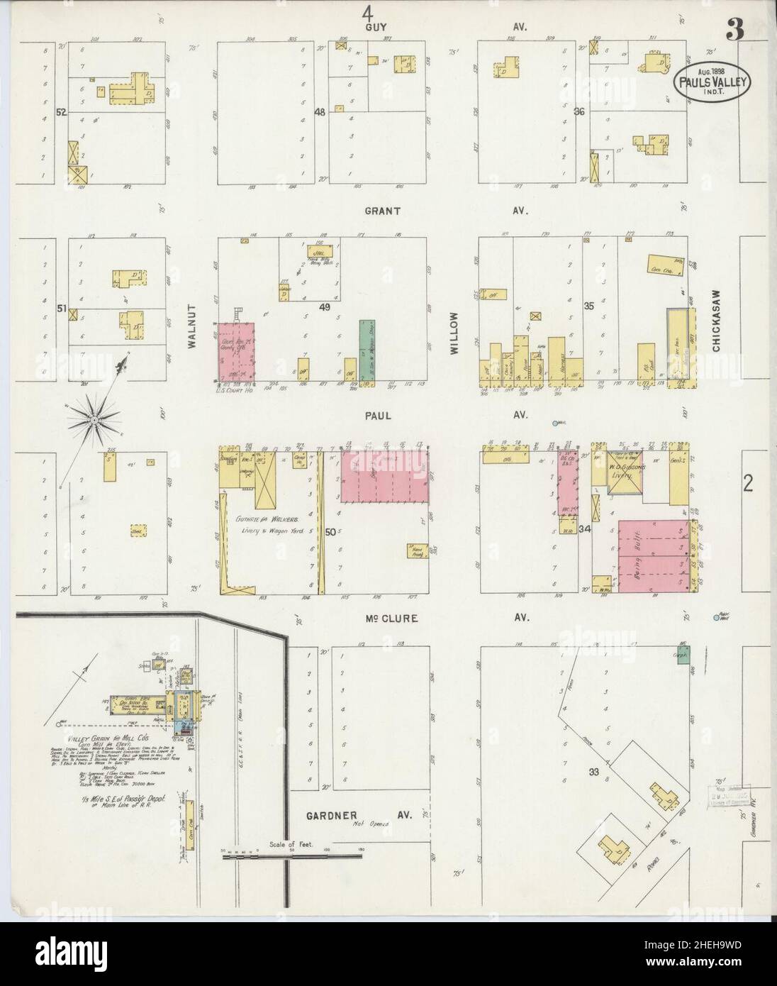 Sanborn carte d'assurance-incendie de Pauls Valley, comté de Garvin, Oklahoma. Banque D'Images