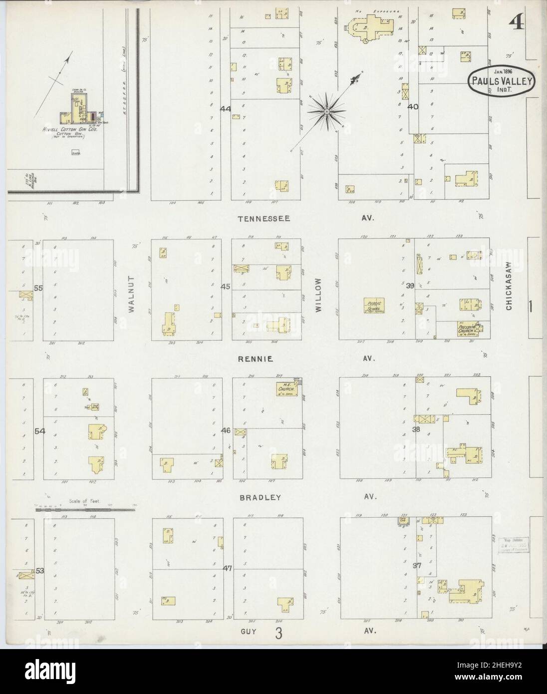 Sanborn carte d'assurance-incendie de Pauls Valley, comté de Garvin, Oklahoma. Banque D'Images