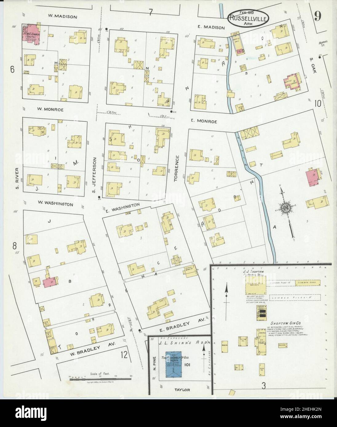 Sanborn carte d'assurance-incendie de Russellville, comté de Pope, Arkansas. Banque D'Images