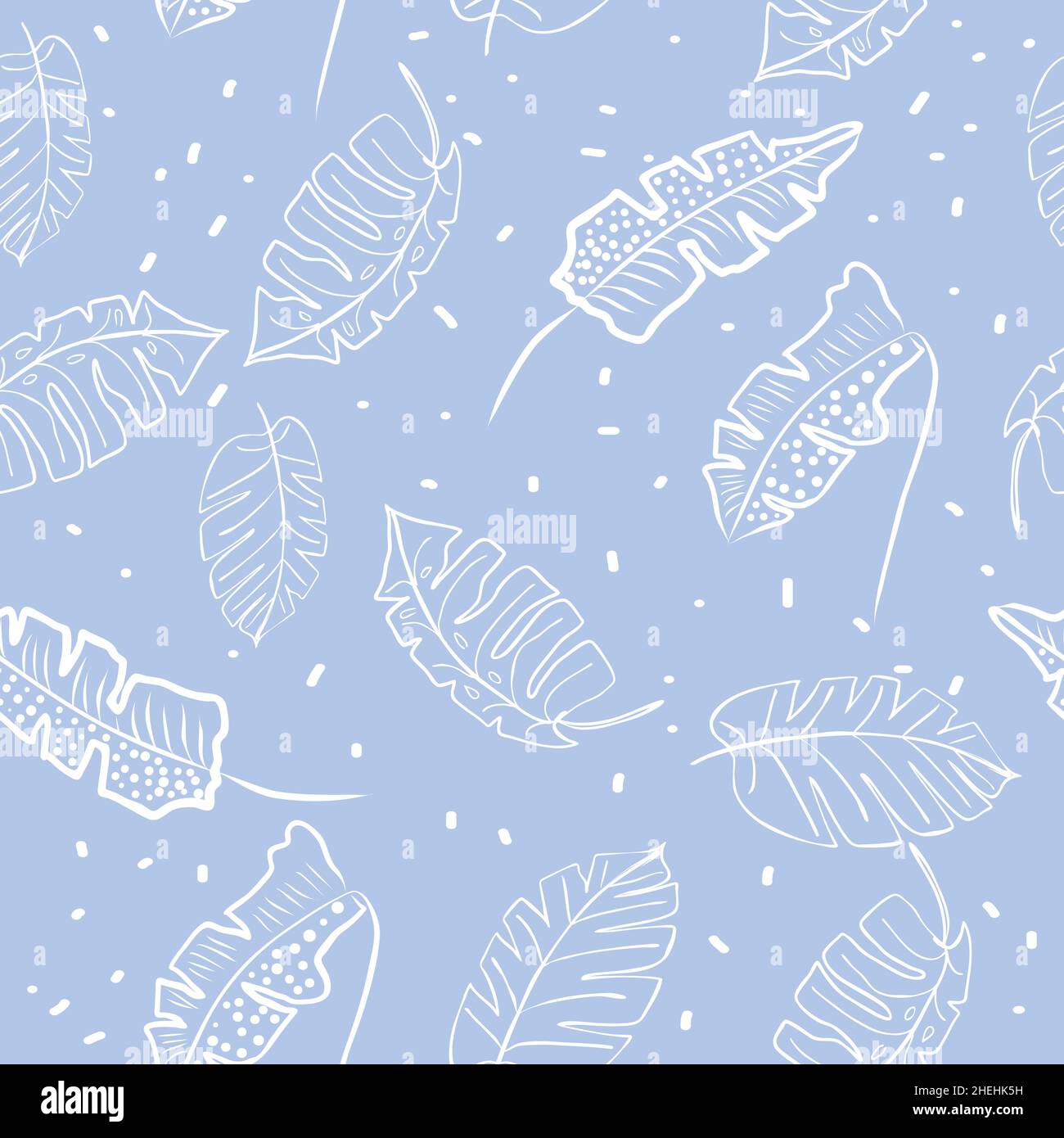 Motif vectoriel sans couture de la main dessiner un contour de fleur de couleur bleue et de feuilles tropicales.Fond botanique, papier peint jungle. Illustration de Vecteur