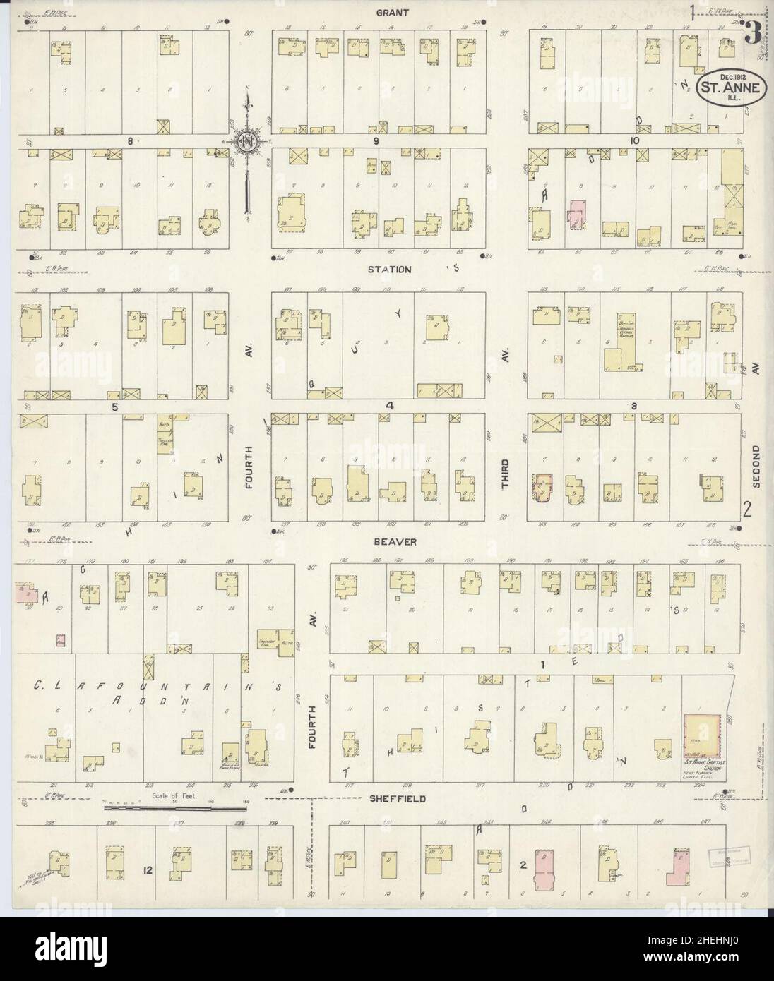 Sanborn carte d'assurance-incendie de Saint Anne, comté de Kankakee, Illinois. Banque D'Images