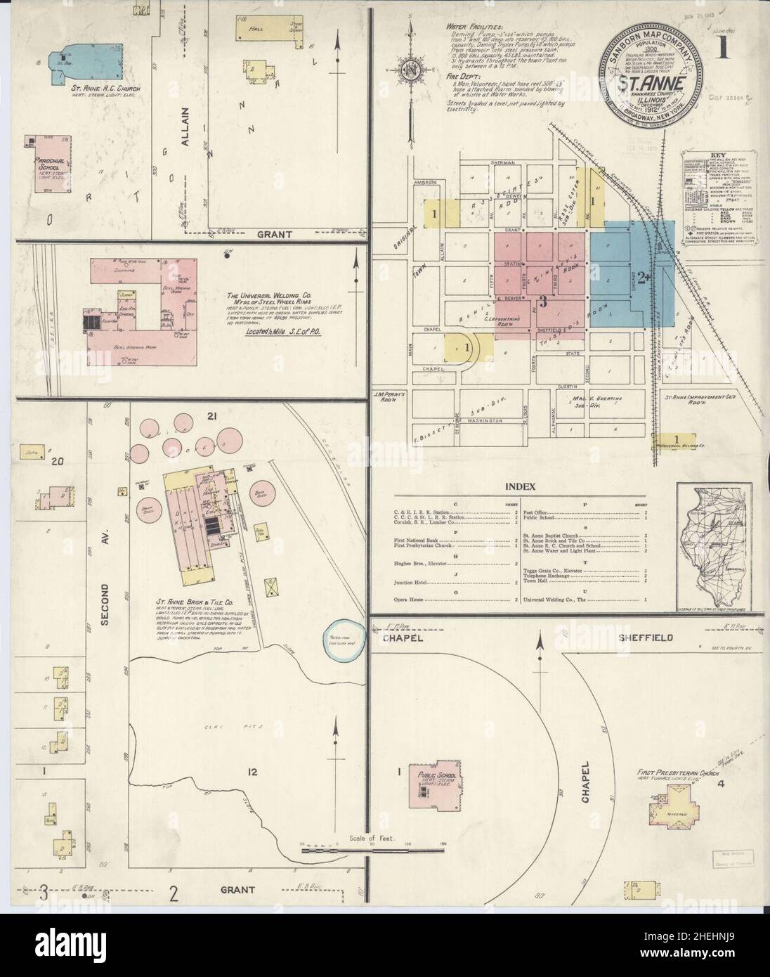 Sanborn carte d'assurance-incendie de Saint Anne, comté de Kankakee, Illinois. Banque D'Images