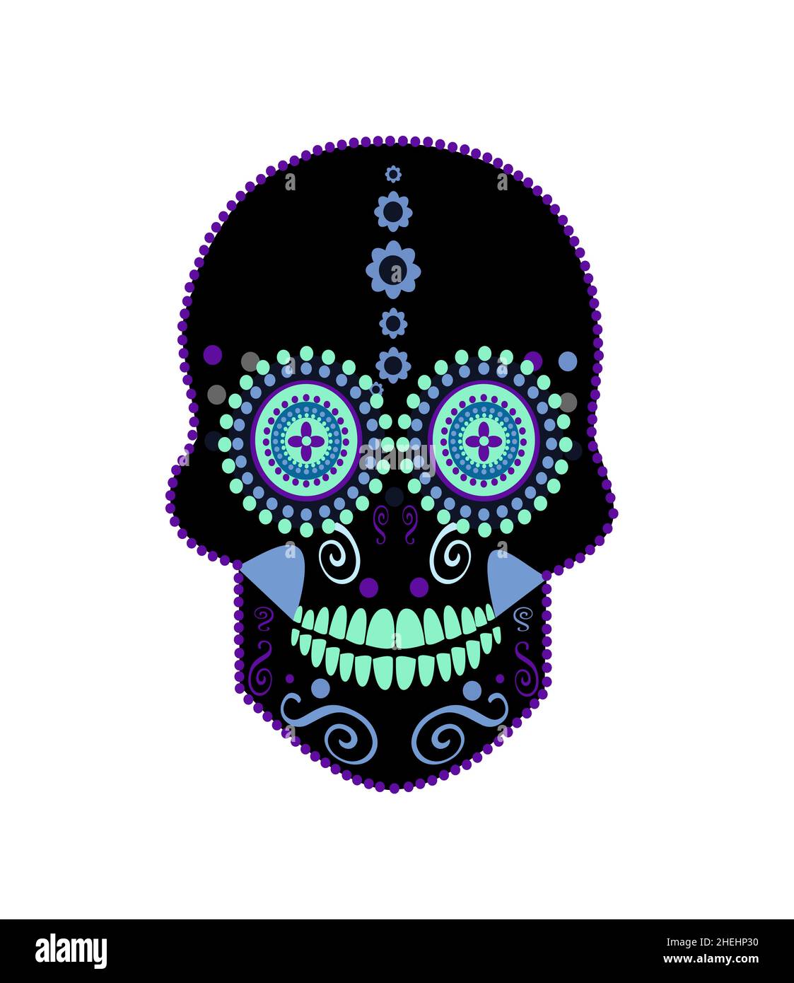 Icône du crâne mexicain avec les yeux Mandala de couleur bleue pour le design de mode, l'imprimé et les affiches.Illustration vectorielle Banque D'Images