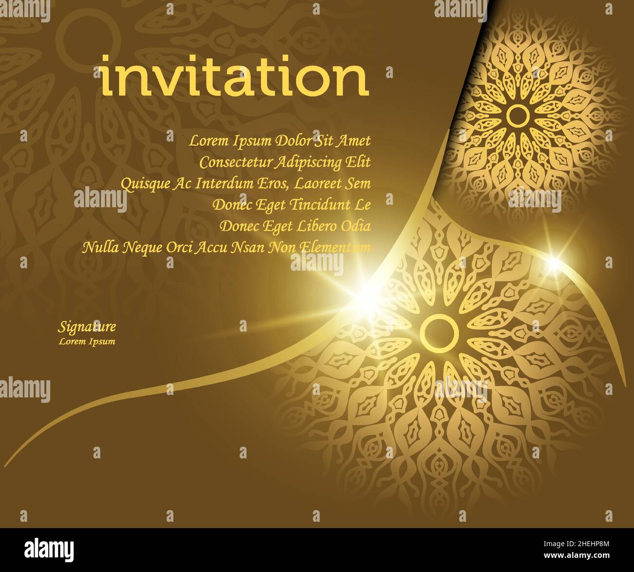 modèle d'invitation de fond mandala, avec effet de lumière de couleur dorée look luxe, idéal pour le matériel de conception d'invitation, carte de vœux, promotion de vente Illustration de Vecteur