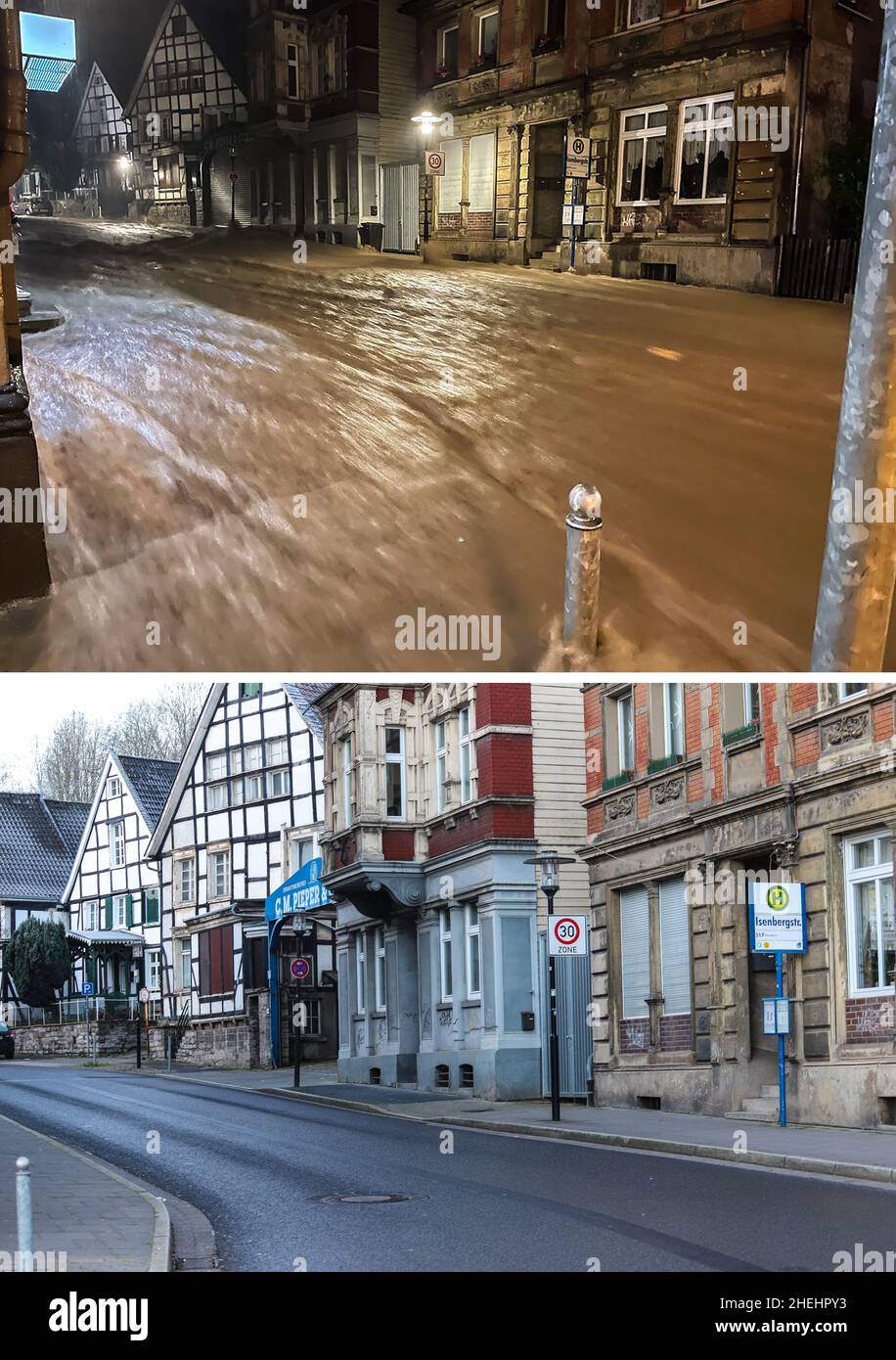 Hagen, Allemagne.11th janvier 2022.KOMBO - l'eau coule dans une rue dans la nuit du 07/14/2021 (en haut).Près d'un demi-an plus tard, la route est propre et vide (11.01.2022, ci-dessous).De fortes pluies et des tempêtes continues ont causé des inondations et des destructions dans de nombreux endroits à la mi-juillet 2021.En Rhénanie-du-Nord-Westphalie, Hagen a été frappé particulièrement durement au début.Les pentes ont glissé, les routes inondées ont été fermées.Crédit : Alex Talash/dpa/Alay Live News Banque D'Images