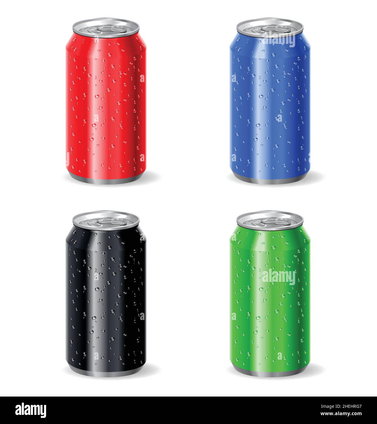 boisson réaliste aluminium soda boîtes pop couleur rouge bleu noir vert set froid avec gouttelettes d'eau vecteur isolé sur fond blanc Illustration de Vecteur