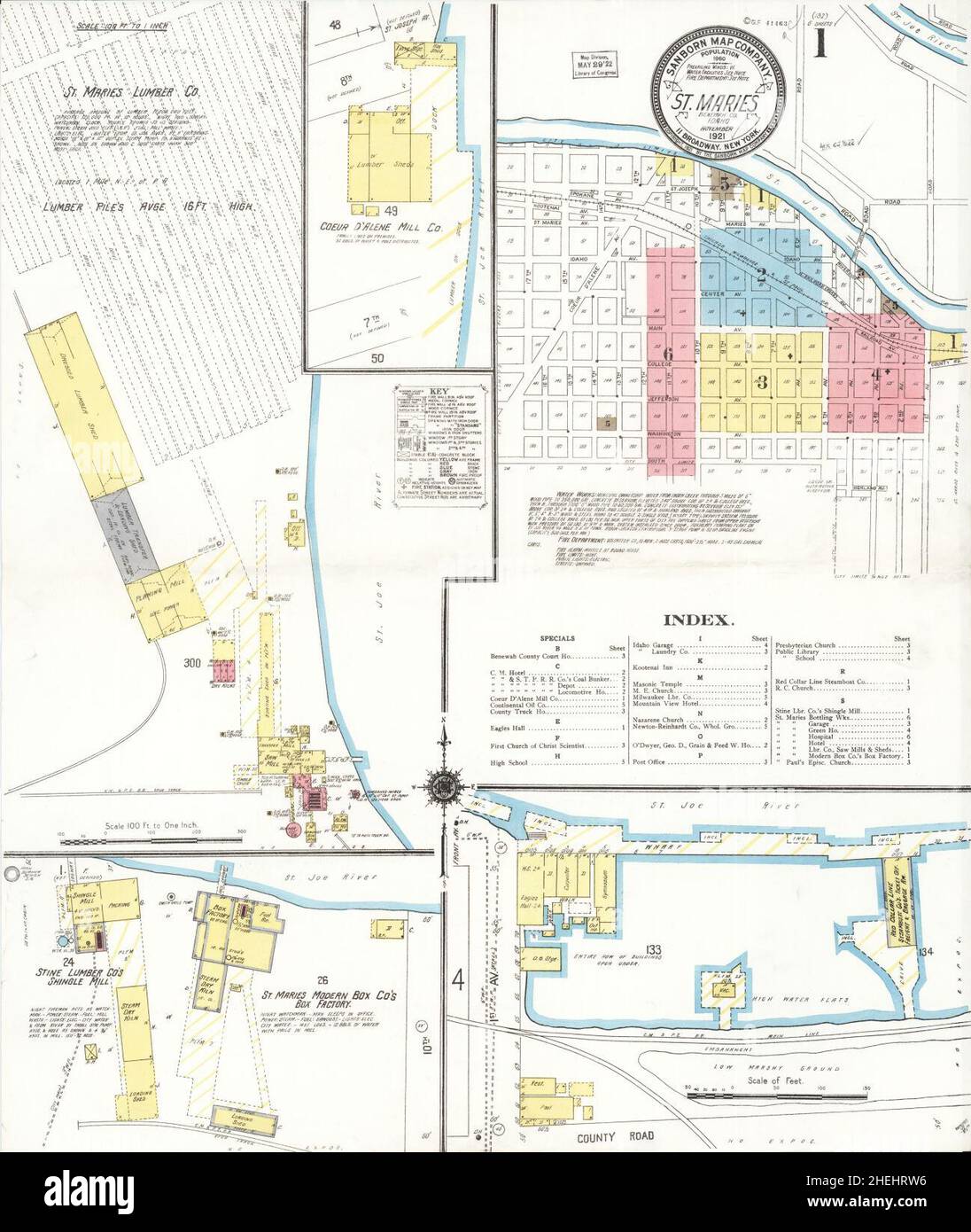 Sanborn carte d'assurance-incendie de Saint Maries, comté de Benewah, Idaho. Banque D'Images