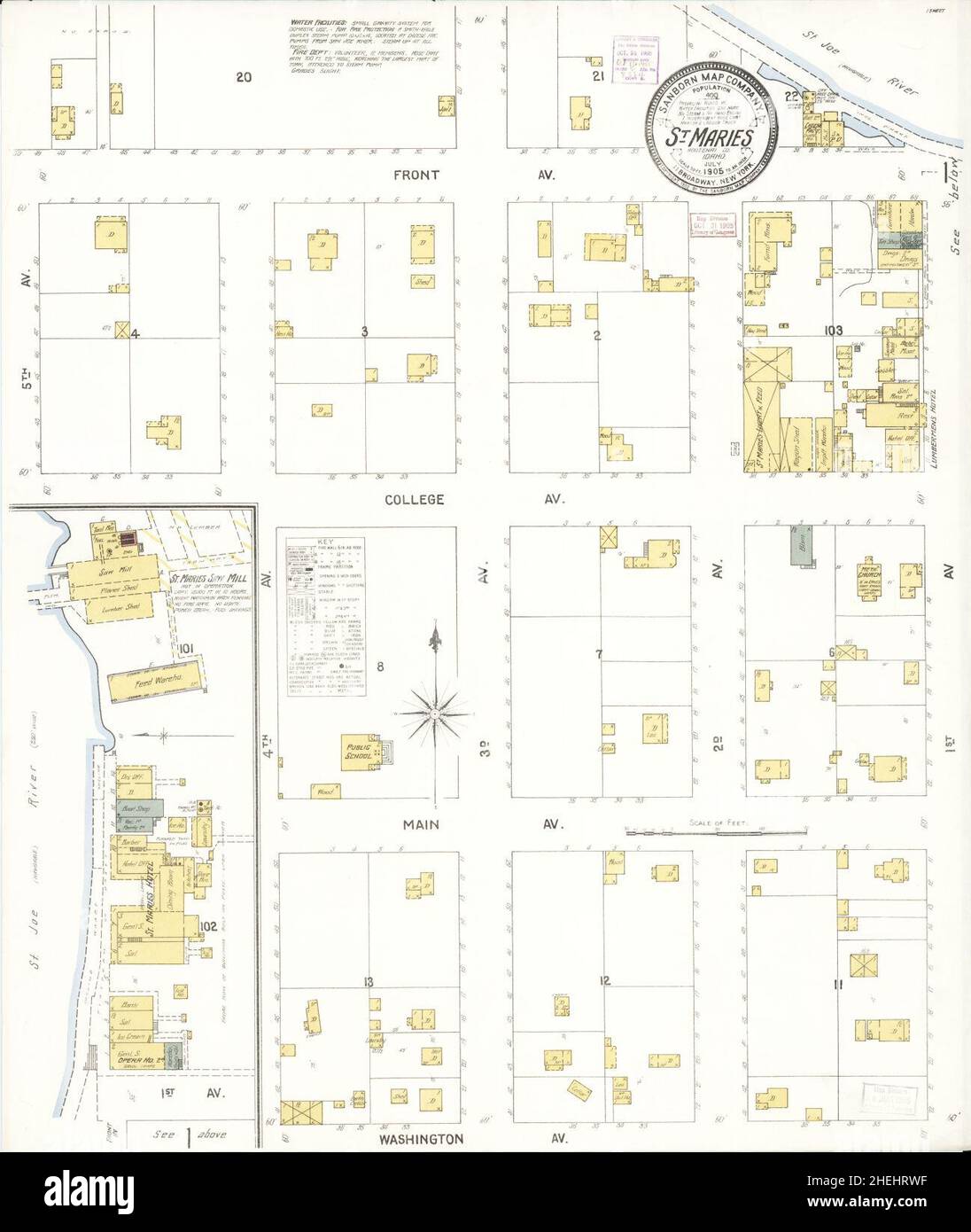 Sanborn carte d'assurance-incendie de Saint Maries, comté de Benewah, Idaho. Banque D'Images