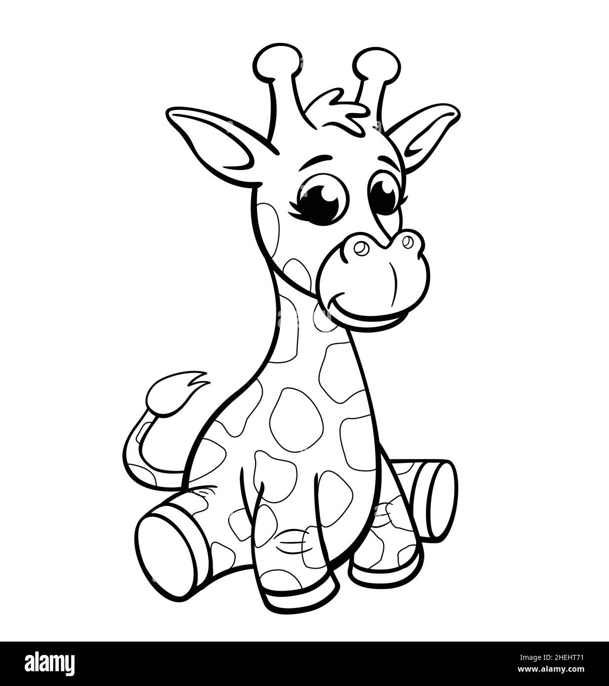 mignon dessin animé jeune bébé girafe personnage dessin assis contour pour colorier en livre vecteur isolé sur fond blanc Illustration de Vecteur