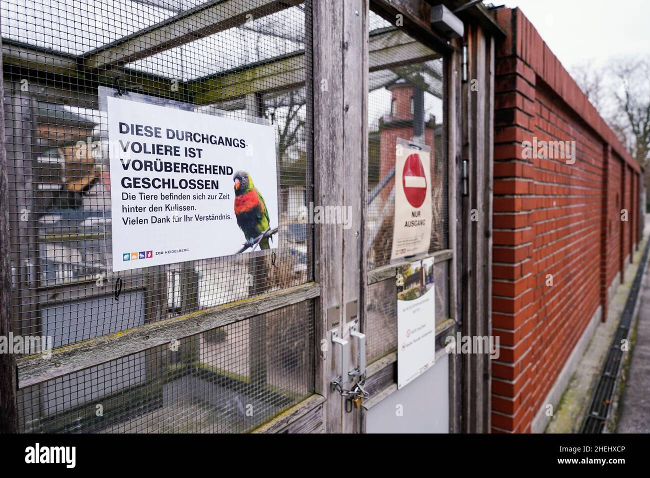 Heidelberg, Allemagne.11th janvier 2022.Un panneau indiquant « cette volière est temporairement fermée » est accroché à une cage à oiseaux au zoo d'Heidelberg.Comme une grippe aviaire a été détectée chez une oie rouge morte au zoo d'Heidelberg, l'établissement ferme ses volières à travers le jardin pour le moment.Credit: Uwe Anspach/dpa/Alamy Live News Banque D'Images