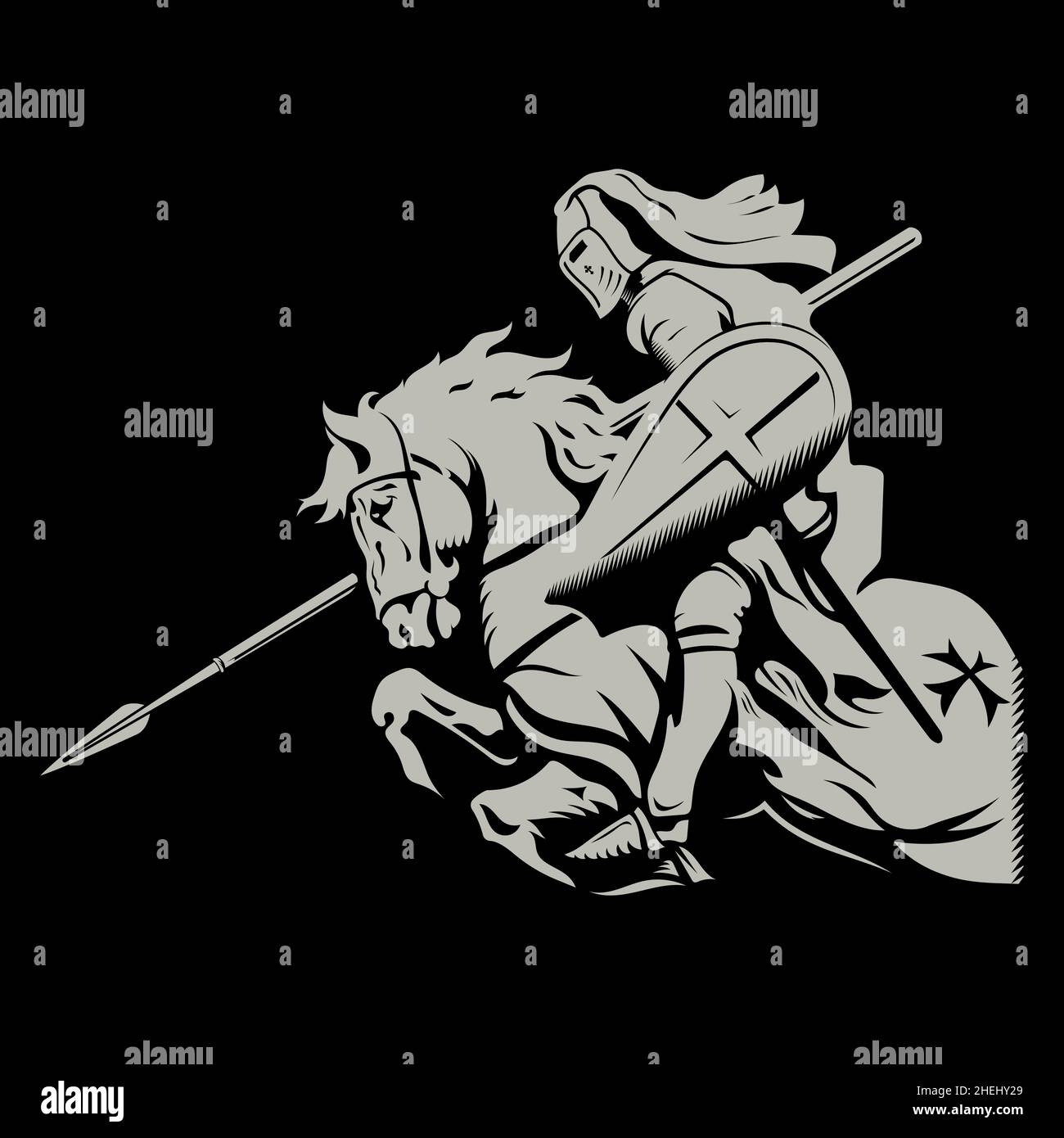Design médiéval de Knightly.Chevalier Crusader sur un cheval de guerre avec bouclier et lance Illustration de Vecteur