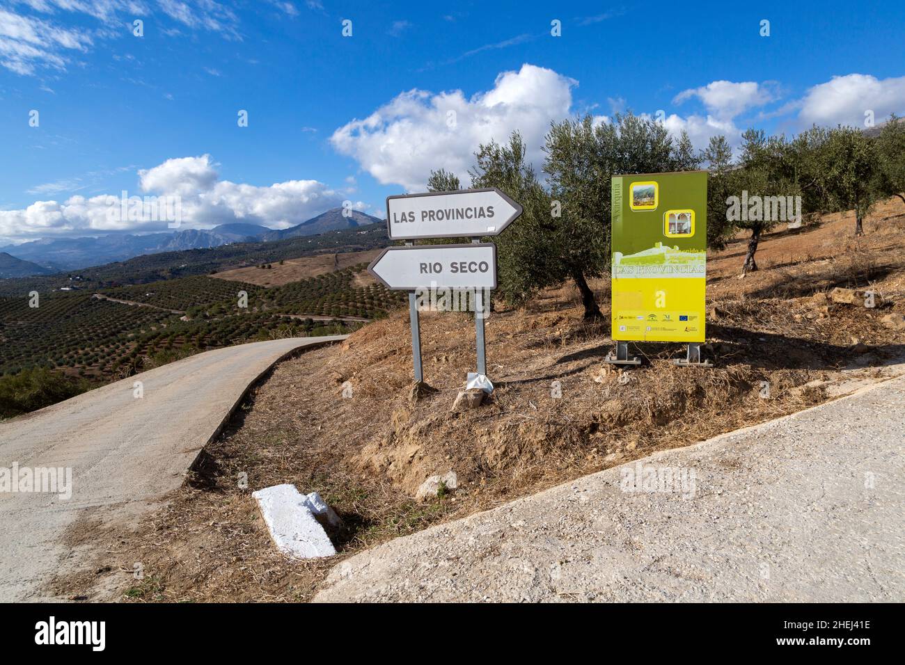 Panneaux routiers pour Rio Seco et Las Provincias dans les oliviers près de Zalia, Alcaucin, la Axarquía, Andalousie, Espagne Banque D'Images