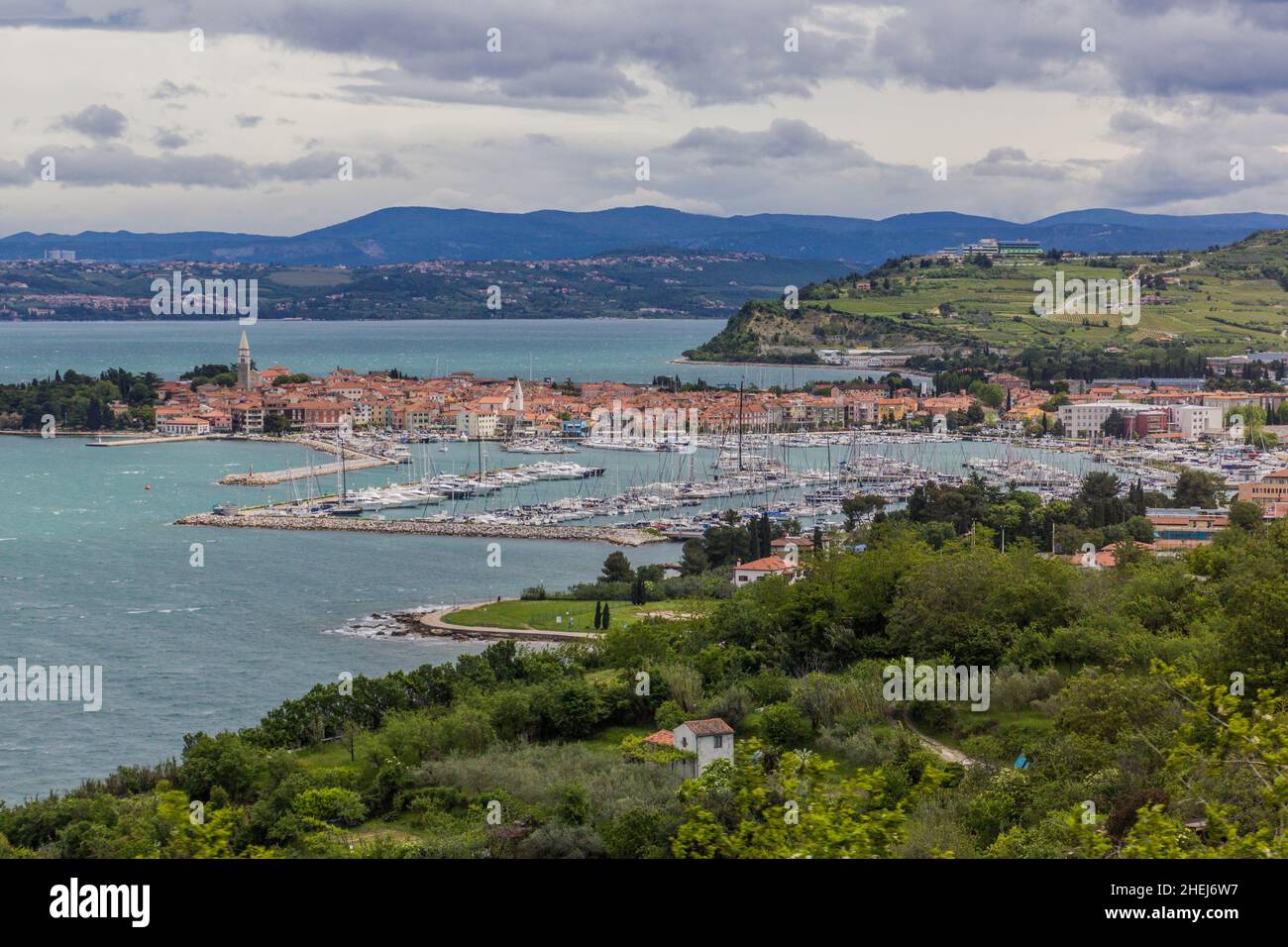 Vue sur Izola et son port de plaisance, Slovénie Banque D'Images