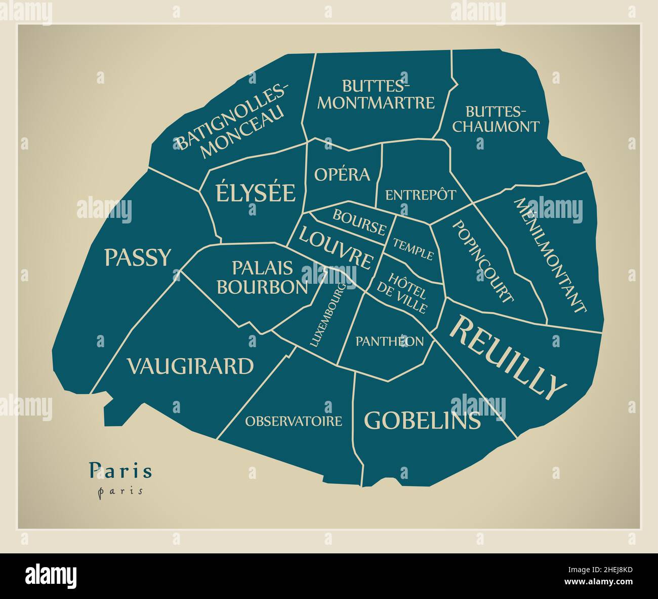 Carte de la ville moderne - capitale de la France à Paris avec des quartiers étiquetés Illustration de Vecteur