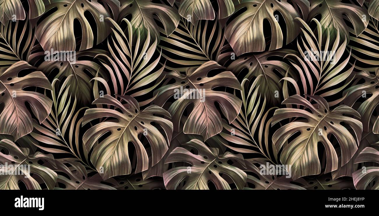 Motif tropical sans couture avec feuilles de palmier, feuilles de monstère, dégradé rose doré.Illustration 3D sombre vintage dessinée à la main.Papier peint de luxe glamour Banque D'Images