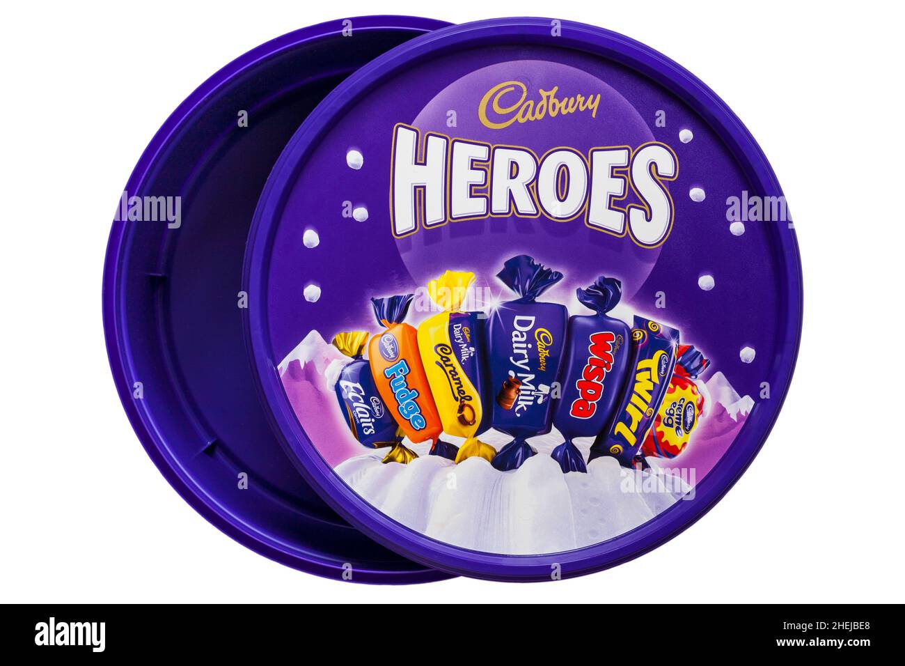 Bac vide de chocolats Heroes bonbons isolés sur fond blanc - couvercle enlevé tout parti Banque D'Images