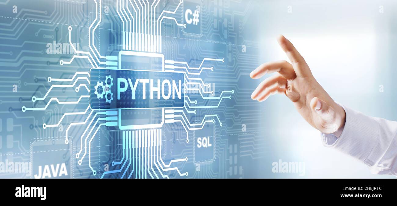 Langage de programmation de haut niveau Python. Concept de développement d'applications et Web sur écran virtuel. Banque D'Images
