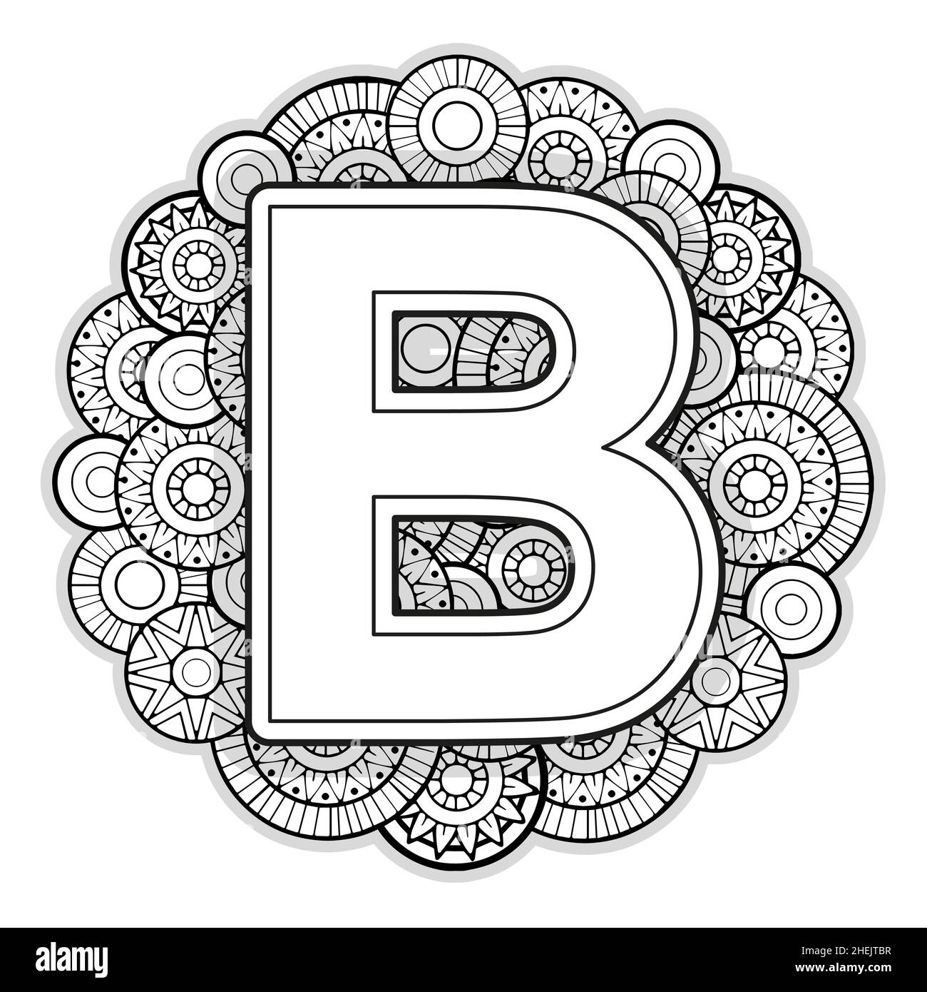 Page de coloriage vectoriel pour adultes.Contour noir et blanc Capital English lettre B sur fond de mandala Illustration de Vecteur