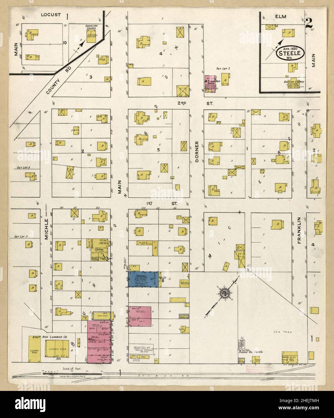 Sanborn carte d'assurance-incendie de Steele, comté de Pemiscot, Missouri. Banque D'Images