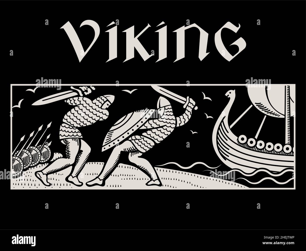 Conception dans le style Old Norse.Duel de deux guerriers viking aux épées Illustration de Vecteur