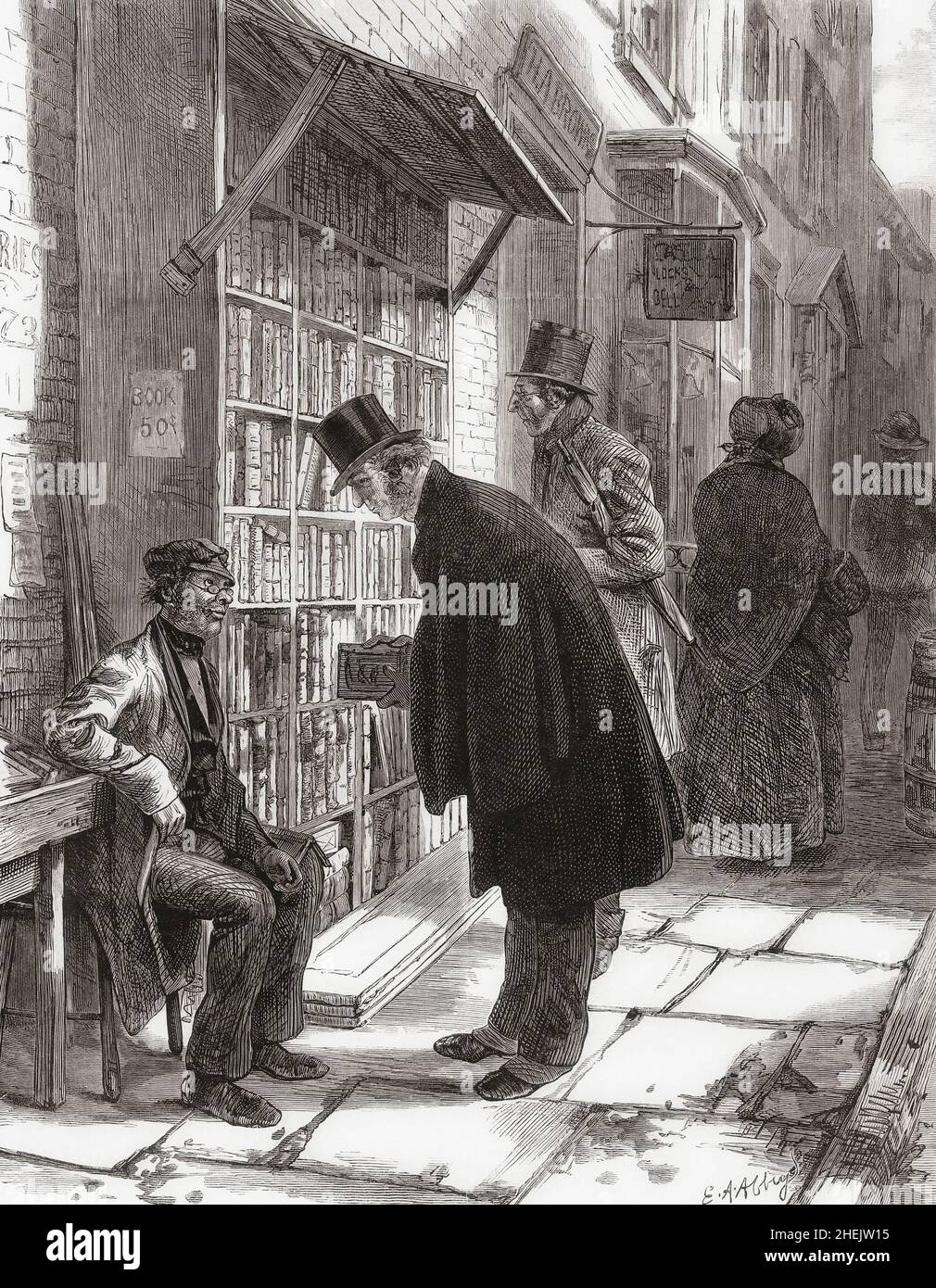 Une librairie de rue à New York dans les années 1870.Après une œuvre de l'abbaye d'Edwin Austin dans Harper's Weekly, le 28 février 1874. Banque D'Images