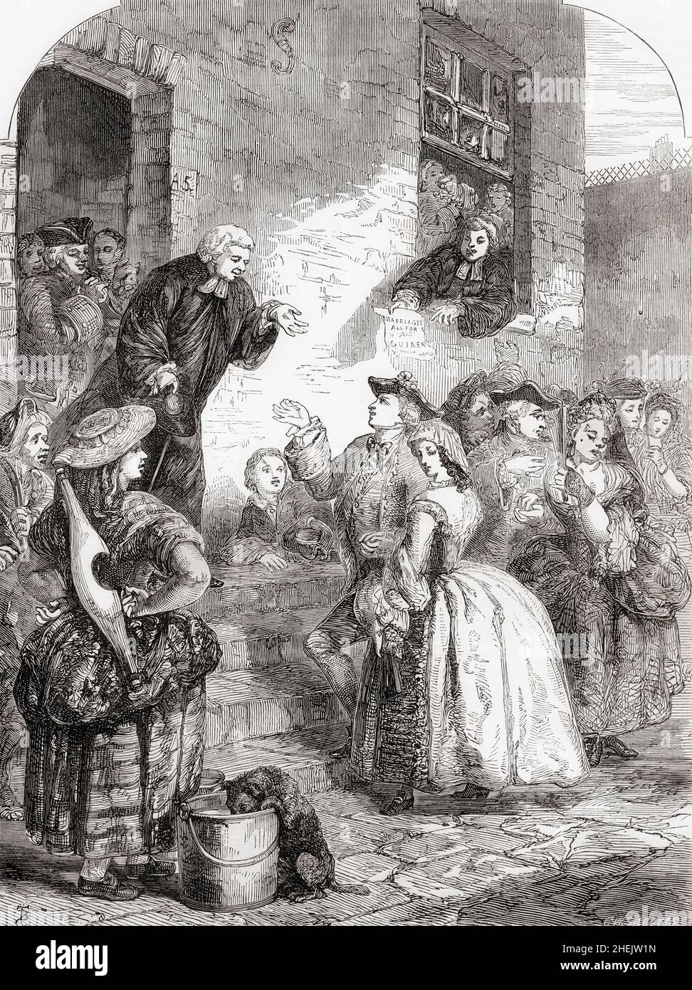 Mariages de la flotte.Scène dans la prison de la flotte pendant le règne de George IIUn mariage de la flotte était un exemple commun d'un mariage irrégulier ou clandestin qui a eu lieu en Angleterre avant l'entrée en vigueur de la loi sur le mariage 1753 le 25 mars 1754, habituellement dans la prison de la flotte de Londres ou ses environs pendant la 17th et, surtout, le début du 18th siècle.De Cassell's Illustrated History of England, publié vers 1890. Banque D'Images