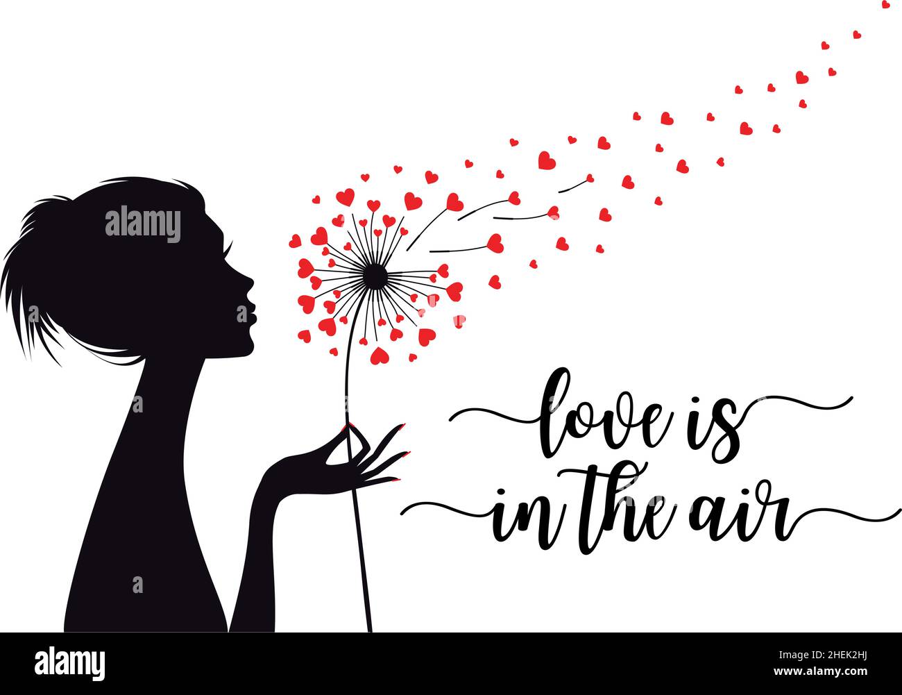 Femme tenant une fleur de pissenlit avec des coeurs volants, illustration vectorielle, l'amour est dans l'air, carte de Saint-Valentin Illustration de Vecteur