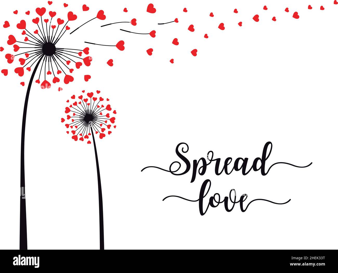 Etendre l'amour, fleur de pissenlit avec coeurs rouges volants, illustration vectorielle pour les cartes de Saint-Valentin, imprimés d'art, art mural Illustration de Vecteur