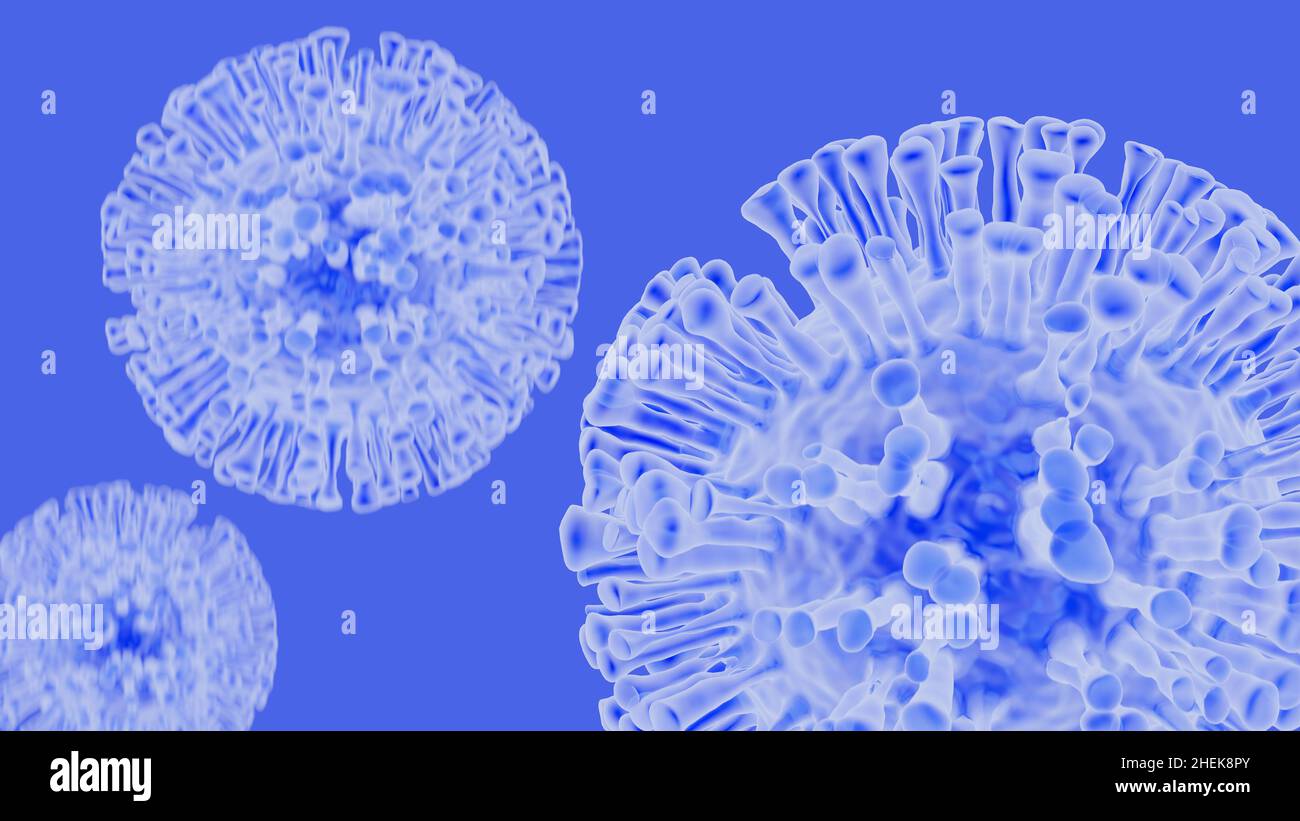 Concept du coronavirus du COV-SRAS-2 en bleu transparent. Virus microscope gros plan. 3d rendu avec mise au point sélective. Banque D'Images