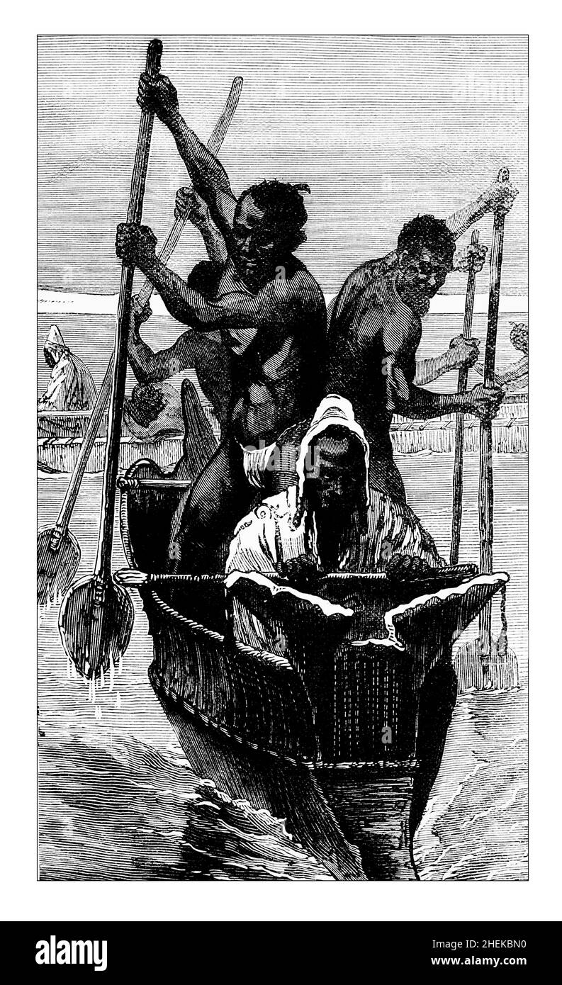 Un commerçant arabe d'esclaves à Pirogue, ligne d'illustration d'Afrique centrale, du Japon et des Fidji publié en 1882 par Hodder & Stoughton, Londres Banque D'Images