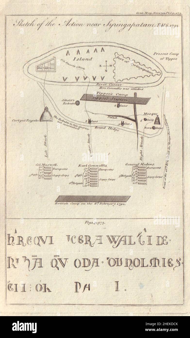 1792 Siège de Seringapatam plan, Mysore Inde.Howden Minster gravure 1792 carte Banque D'Images