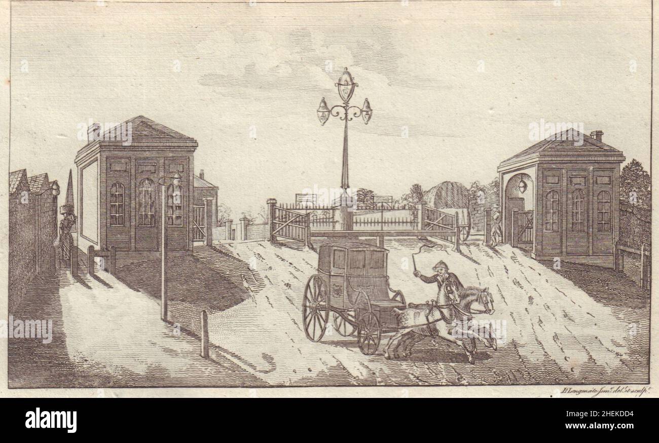 Vue sur le péage de Hyde Park Corner, Londres.1792 vieux imprimé antique Banque D'Images