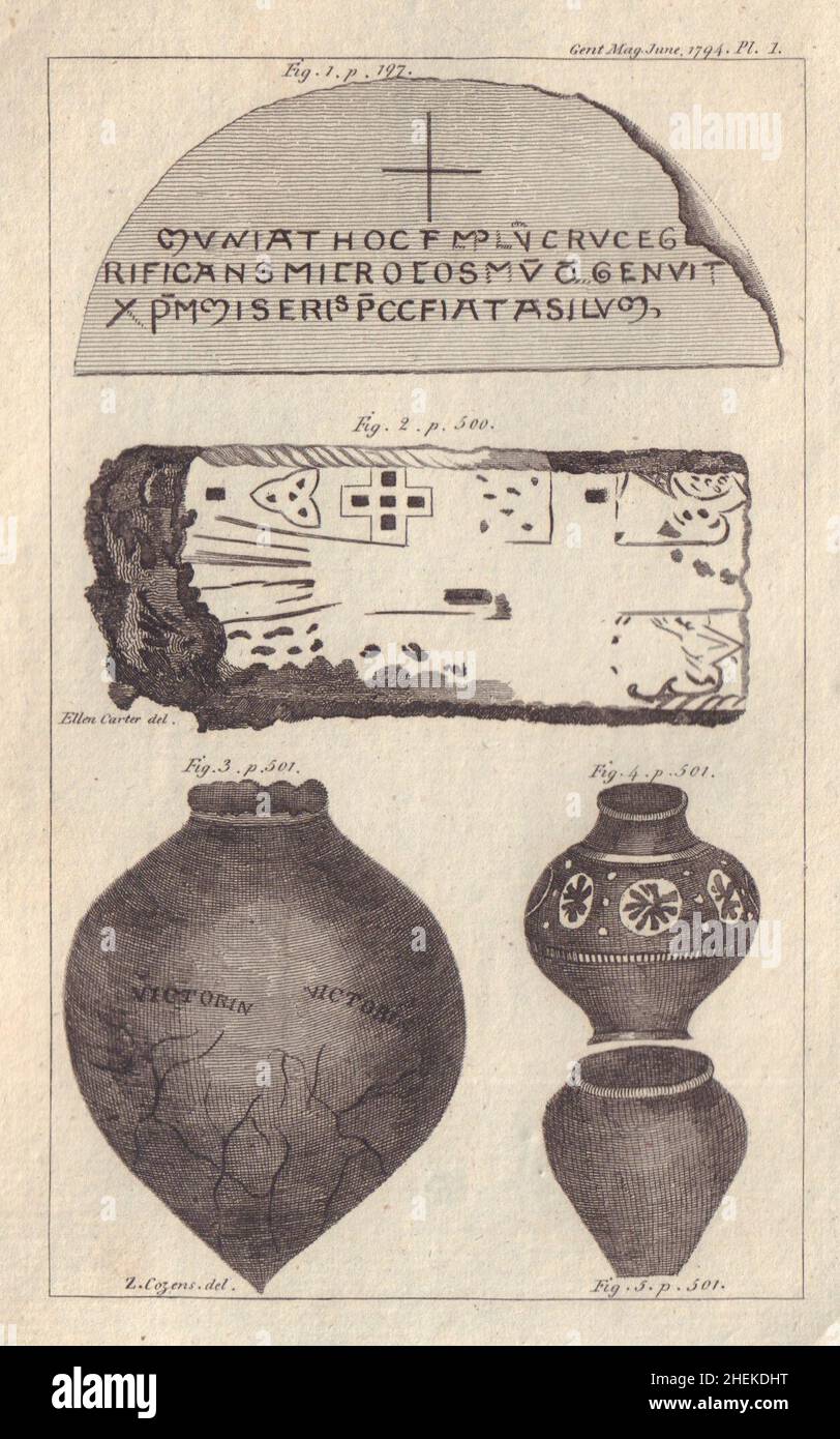 Une pierre monumentale de Lincoln.Trois urnes romaines trouvées à Wickhambreaux Kent 1794 Banque D'Images