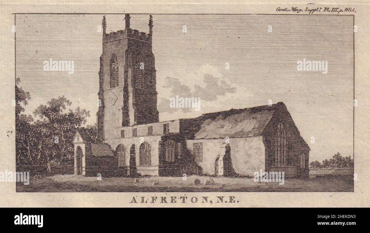 Vue sur l'église Saint-Martin Alfreton dans le Derbyshire 1794 vieux imprimé antique Banque D'Images