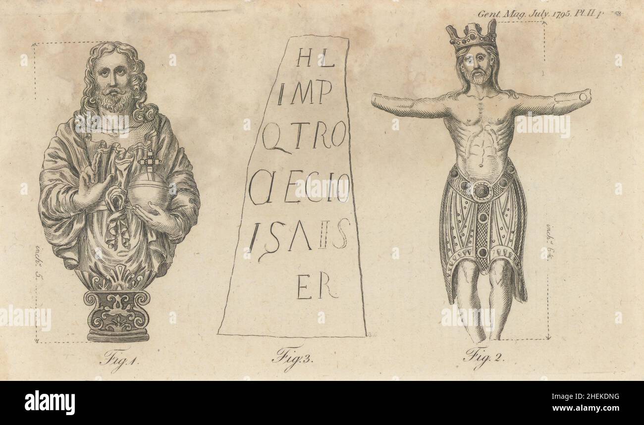 Jésus buste et sur la Croix.L'insciption romaine Llanddeiniolen Carnarvon 1795 Banque D'Images