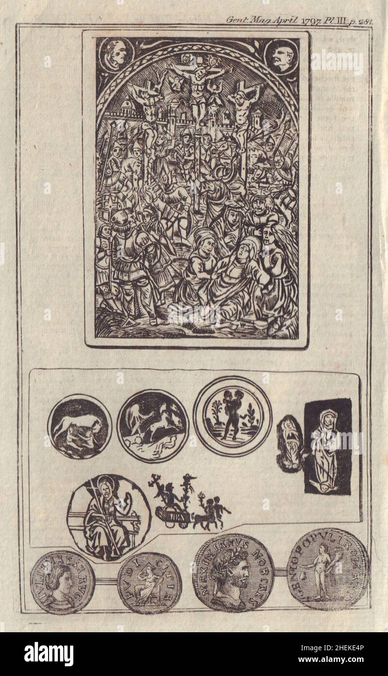 Plaque de cuivre de Crucifixion trouvée à l'abbaye de Lenton Nottingham.Pièces romaines 1797 Banque D'Images