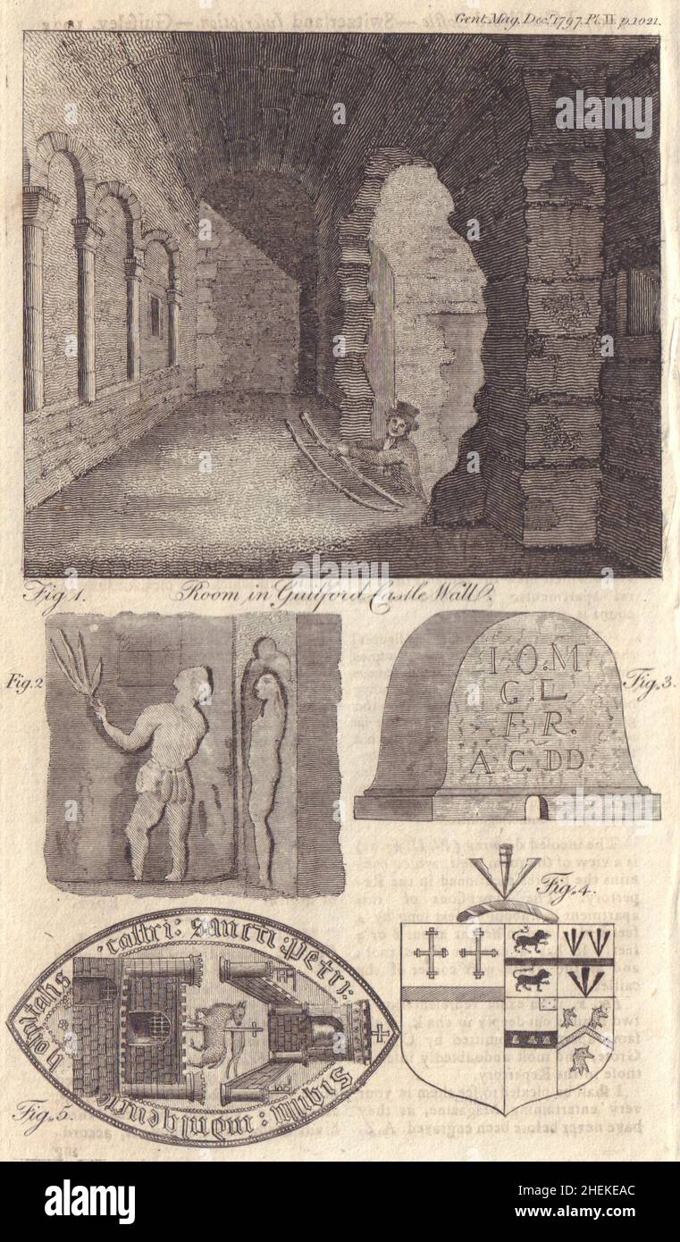 Une salle et des personnages sculptés au château de Guildford, Surrey.Bouclier des bras.Joint 1797 Banque D'Images