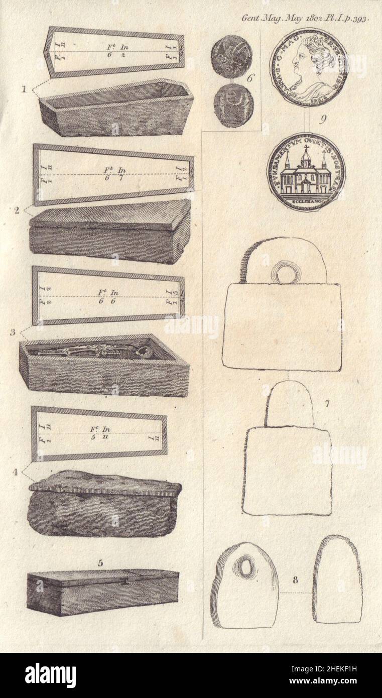 Cercueil de quatre pierres à Ware, Herts.Médaille de la reine Anne et pièce de monnaie romaine inversée 1802 Banque D'Images