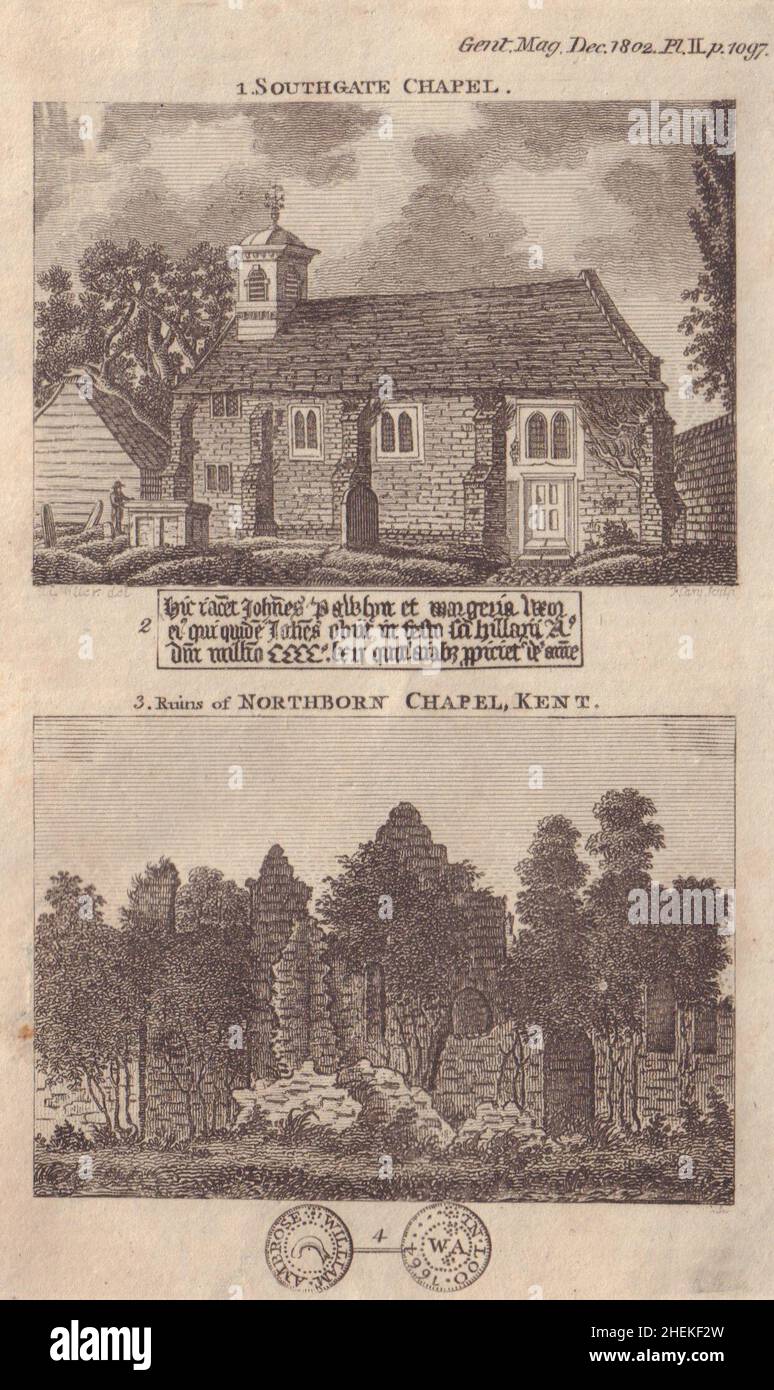 Weld Chapel Southgate, Londres.Ruines de la chapelle Northbourne, imprimé Kent 1802 Banque D'Images