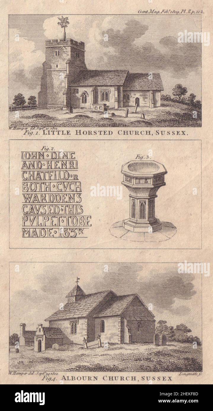 St Michael, Little Horsted et St Bartholomew, Albourne.Églises Sussex 1809 Banque D'Images
