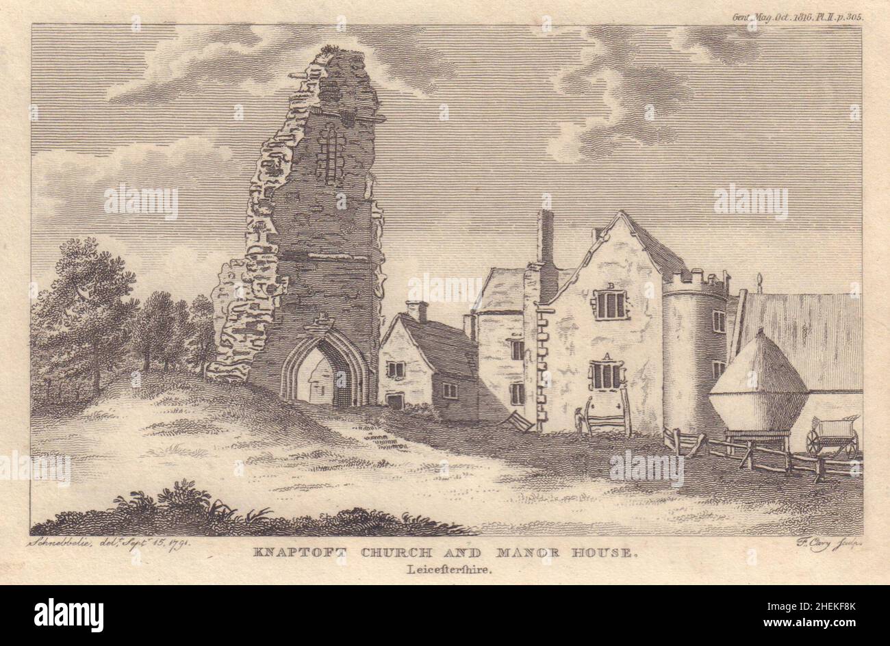 Eglise St Nicholas et Knaptoft Manor House (démoli en 1761), Leicestershire 1816 Banque D'Images