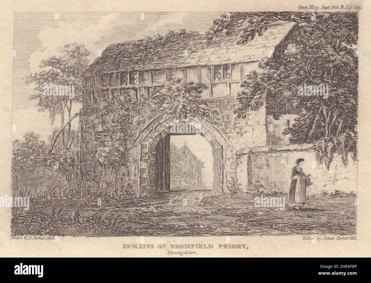 Maison de passerelle du Prieuré de Bromfield, Shropshire 1816 ancienne image d'époque Banque D'Images