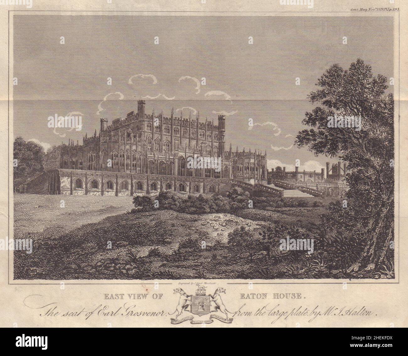 Vue est de la Maison Eaton, siège du comte Grosvenor, par M. J. Halton, Cheshire 1819 Banque D'Images