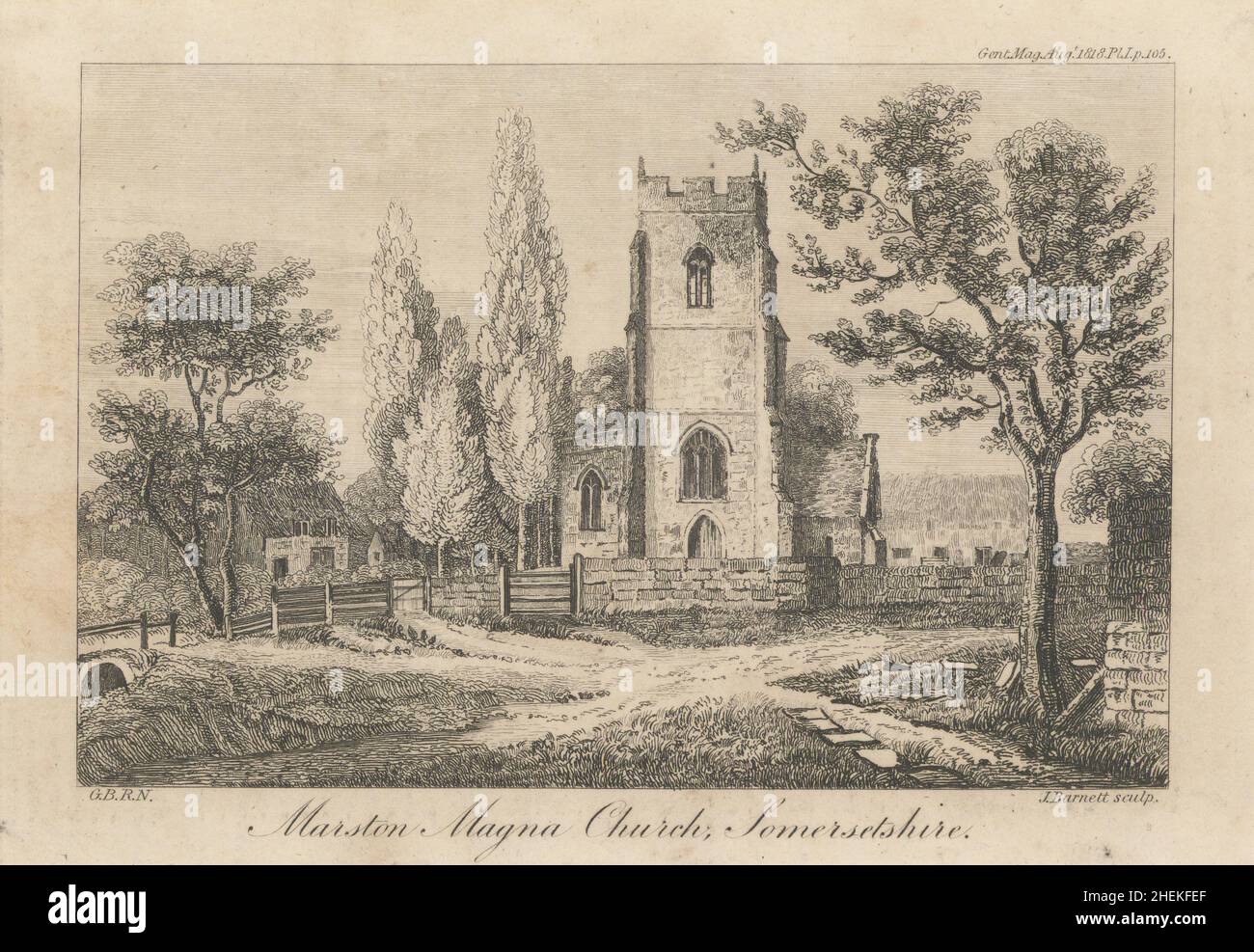 Vue sur l'église St Mary, Marston Magna dans Somerset 1818 vieux imprimé antique Banque D'Images