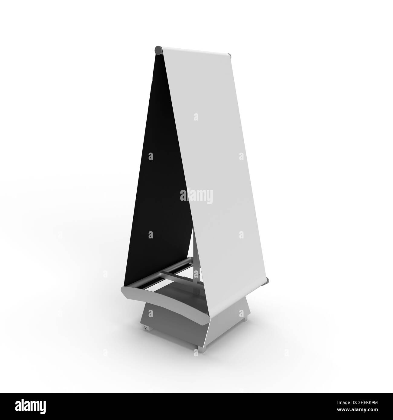Vue en perspective d'un support de bandeau extérieur avec cadre en acier et base avec une peau en PVC blanc pour les maquettes.3D rendu de l'illustration Banque D'Images